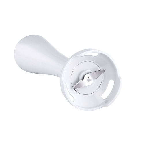 BLACK+DECKER SB2500 white hand blender attachment with stainless steel blade, bottom angle on white background.
