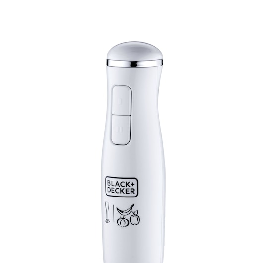 Photo of BLACK+DECKER SB2500 white hand blender handle with two buttons, fruit and blender icons, front angle.