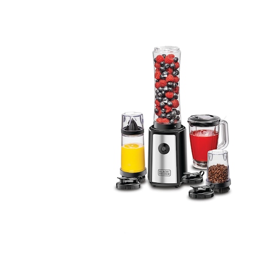 A BLACK+DECKER multi-purpose blender set with four containers, each filled with different ingredients: berries, orange liquid, red liquid, and coffee beans. The blender is shown with detachable lids and a stainless steel base.