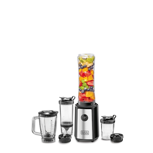 A BLACK+DECKER blender with multiple containers and lids of different sizes, including a tall container filled with assorted fresh fruits such as strawberries, blueberries, kiwi, and oranges.