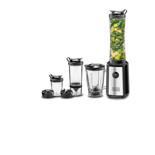 A BLACK+DECKER blender set with a black and silver base, featuring several transparent blending jars and cups with black lids and blades. One tall jar on the blender contains green vegetables.