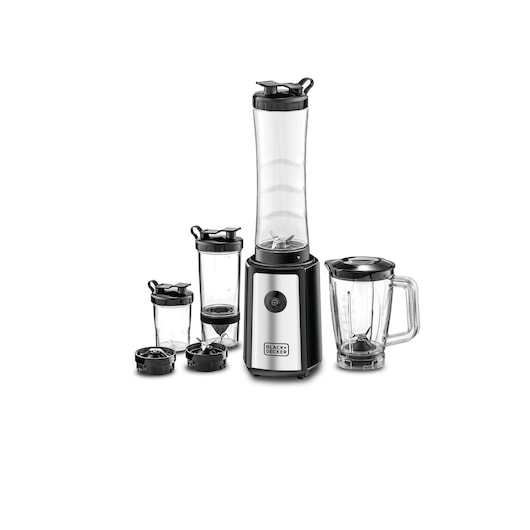 A BLACK+DECKER blender set featuring a main blending unit with stainless steel finish, three portable smoothie bottles with lids, three blade attachments, and a larger blending jug with handle and lid, all arranged on a white background.