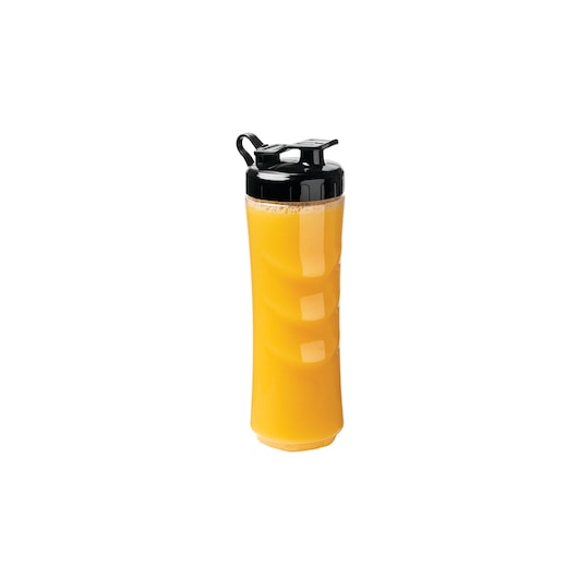 Photo of BLACKDECKER SBX300BCG blender bottle with black lid, filled with orange juice, front angle.