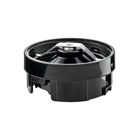 Photo of BLACKDECKER SBX300BCG black circular appliance lid with metal component, shown on white background.