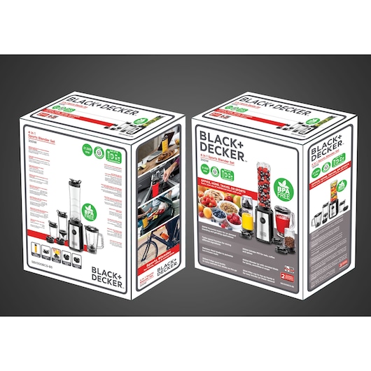 Photo of BLACK+DECKER SBX300BCG 4 in 1 sports blender set boxed packaging with product images and features.