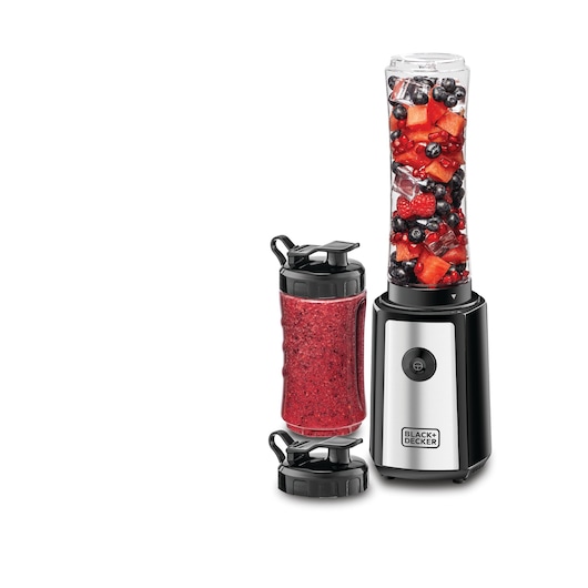 A BLACK+DECKER smoothie blender with two portable blending bottles, one filled with assorted fresh berries and ice, and the other containing a finished red berry smoothie.