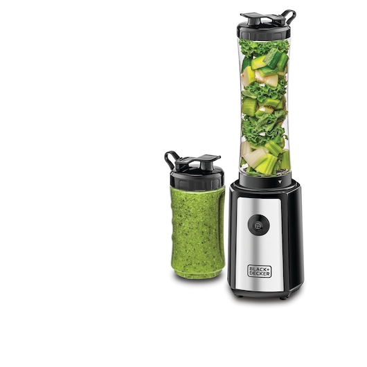 A BLACK+DECKER blender with a detachable bottle filled with green vegetables, next to a filled bottle containing a blended green smoothie.