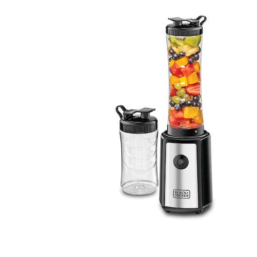 A BLACK+DECKER blender with a tall blending jar filled with assorted fruits and a removable empty jar beside it, both with black lids and spouts, placed on a white background.