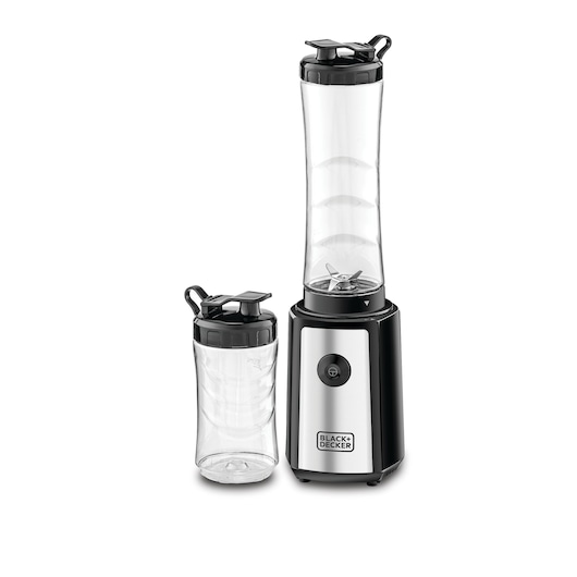 BLACK+DECKER portable blender SBX300 with two transparent bottles, one attached to the base for blending and one separate with a black lid, designed for smoothies and drinks.