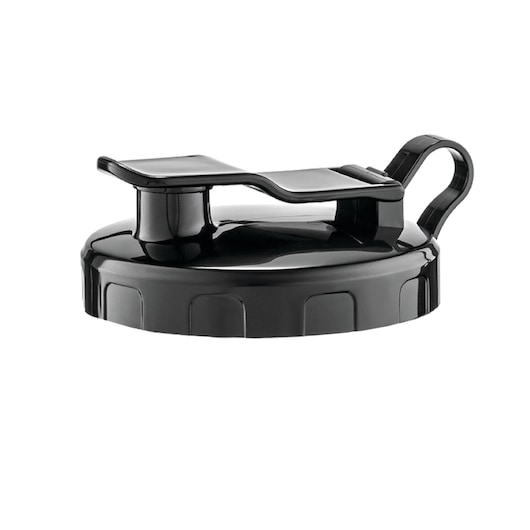 BLACKDECKER SBX300 black plastic bottle lid with flip top and handle, side angle on white background.