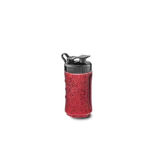 BLACKDECKER SBX300 red smoothie bottle with black flip-top lid, front angle on white background.