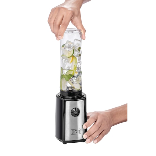 Photo of BLACK+DECKER SBX300 blender with fruits and ice in bottle, hands holding and operating appliance, front angle.