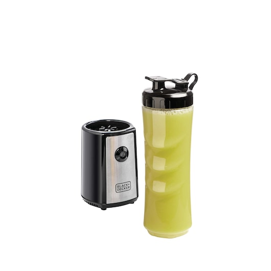 BLACKDECKER SBX300 blender with stainless body, photo of bottle filled with yellow smoothie, front angle.