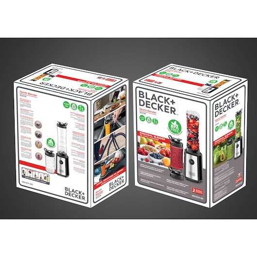 Photo of BLACK+DECKER SBX300 sports blender product packaging with images of the blender, smoothies, and fruit, front and rear view.