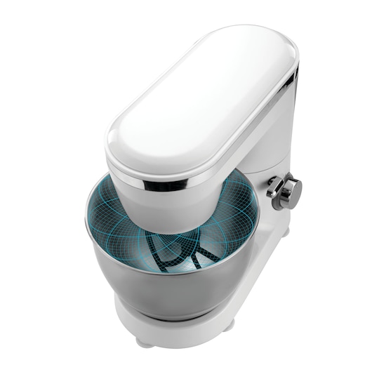A white and silver stand mixer with a stainless steel mixing bowl. The mixer features a digital grid overlay inside the bowl, highlighting the mixer's mechanism. The appliance has a modern design with a knob on the side.
