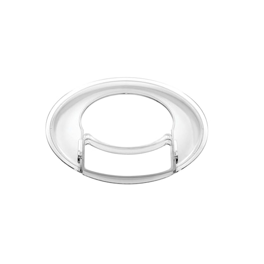 Transparent plastic circular lid with an open center and hinged section, photographed against a white background.