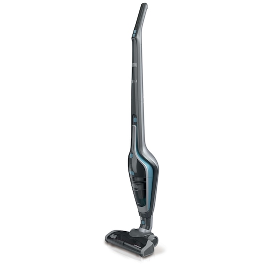 A BLACK+DECKER upright cordless vacuum cleaner with a sleek gray and blue design, standing on a white background.