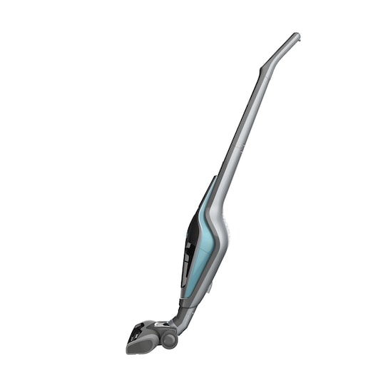A cordless stick vacuum cleaner with a slim, modern design in silver and blue, shown in a side view against a white background.