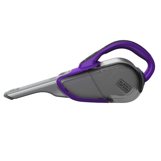 BLACKDECKER SVJ520BFSP handheld vacuum cleaner in gray and purple, side view on white background.