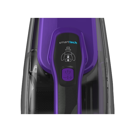 BLACKDECKER SVJ520BFSP vacuum cleaner top view, purple casing, smart tech control panel.