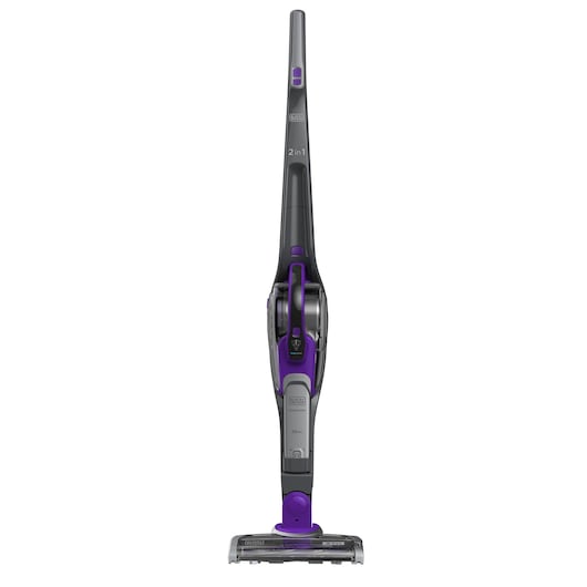 BLACKDECKER SVJ520BFSP upright cordless vacuum cleaner, front angle, black and purple design.