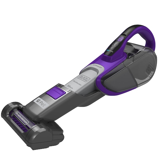 BLACKDECKER SVJ520BFSP handheld vacuum, grey and purple, side angle on white background.