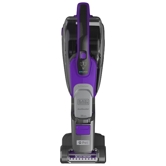 BLACK+DECKER SVJ520BFSP upright cordless pet vacuum, purple and gray, front angle, photography.