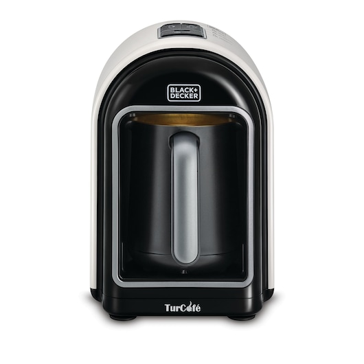 Front view of a BLACK+DECKER TurCafe coffee maker, featuring a modern design with a black and silver finish. The machine has a prominent handle and the BLACK+DECKER logo above the coffee pot.