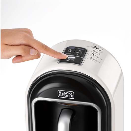 BLACKDECKER TCM730 coffee maker button pressed, close-up, white and black finish, front angle.