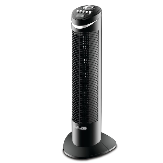 A BLACK+DECKER branded black tower fan with control buttons on top, standing upright on a rounded base.