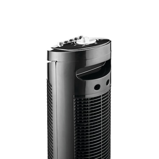 BLACKDECKER TF50 tower fan with black finish, front angle showing control panel and vent grille.