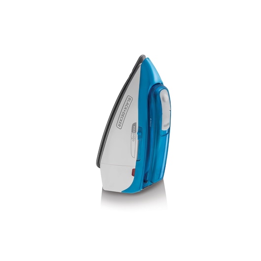 A BLACK+DECKER compact travel iron with a white and blue design, shown standing upright on a white background.