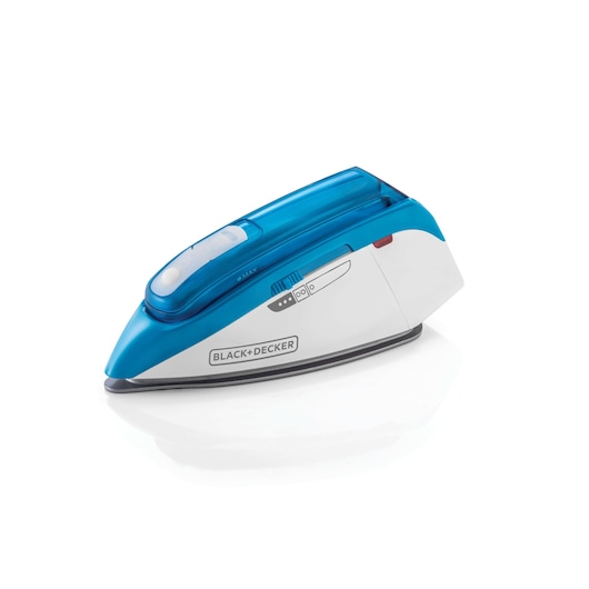 A compact travel steam iron with a white and blue design, branded BLACK+DECKER, shown on a plain white surface.