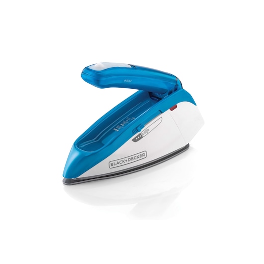 A BLACK+DECKER compact travel iron with a white and blue design, shown on a white background.