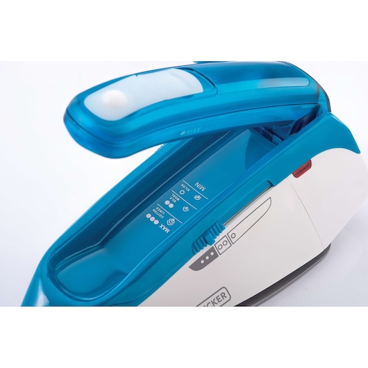 Photo of BLACKDECKER TI250 steam iron in blue and white, shown from side angle with visible settings panel.