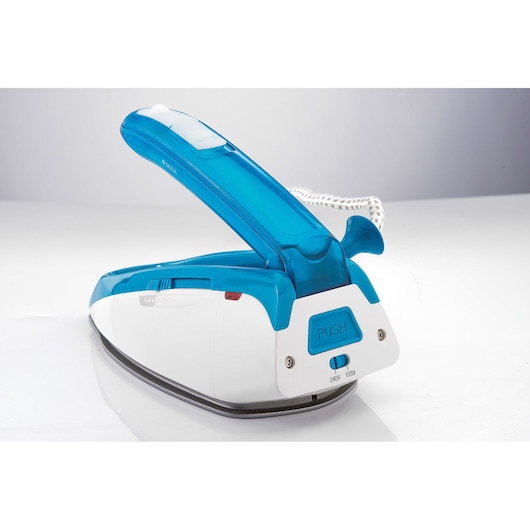 BLACKDECKER TI250 compact travel iron in blue and white, photography of side angle on white background.