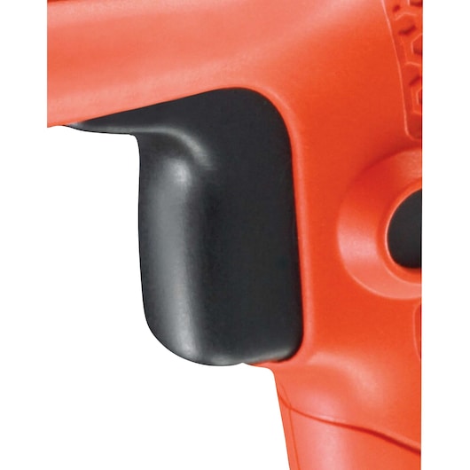 Close-up view of the handle and trigger area of an orange and black power tool, likely a BLACK+DECKER product.