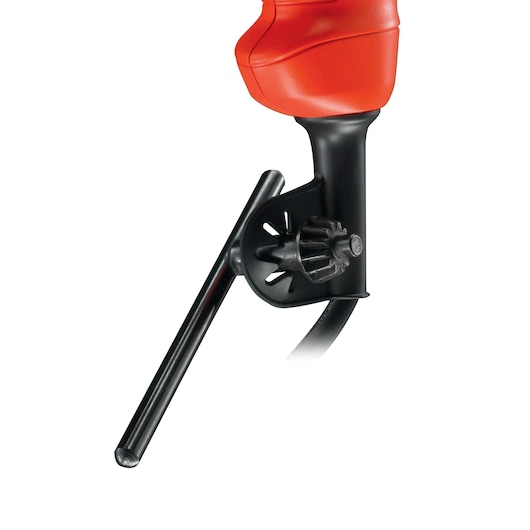 Close-up image of a BLACK+DECKER power tool, specifically showing the auxiliary handle attached to the tool's body, with part of the red housing visible.