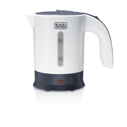 A white and black BLACK+DECKER electric kettle with a water level indicator on the side, showing minimum and maximum levels. The kettle has a handle and a small indicator light at the base.