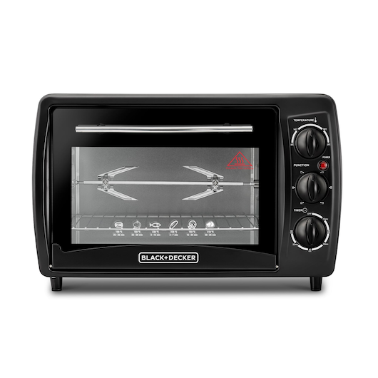 A BLACK+DECKER countertop oven with a black exterior, featuring three control knobs on the right side for temperature, function, and timer settings. The oven has a glass door, rotisserie attachments inside, and visible cooking icons at the bottom.