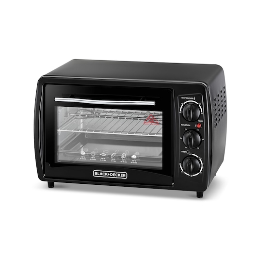 A BLACK+DECKER countertop toaster oven with a black exterior, three control knobs on the right side for temperature, function, and timer, and a transparent glass door showing racks and cooking icons.