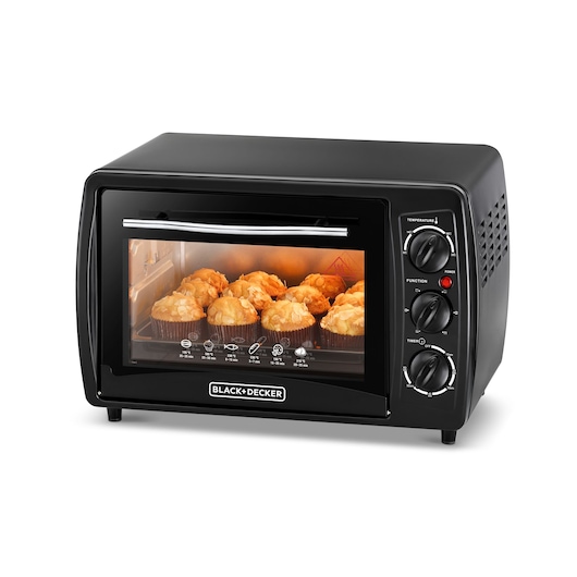 A BLACK+DECKER countertop toaster oven with three control knobs and a transparent door showing baked muffins inside.