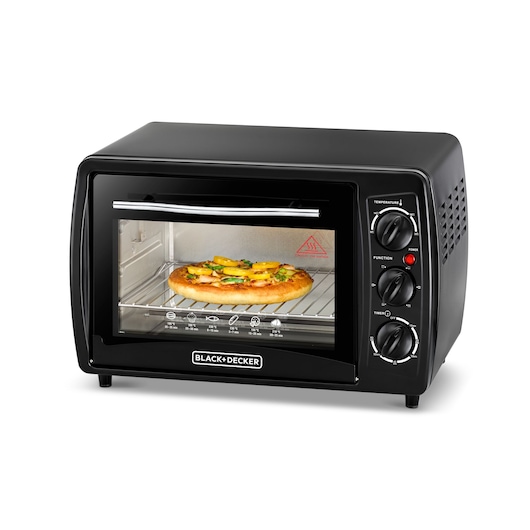 A BLACK+DECKER countertop toaster oven with a pizza inside, showing three dial controls on the front for temperature, function, and timer.