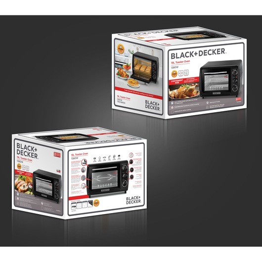 Two boxes of BLACK+DECKER 19L Toaster Oven with 1380W power, featuring product images and detailed specifications on the packaging. The boxes display the toaster oven in a kitchen setting with food items and emphasize key product features.