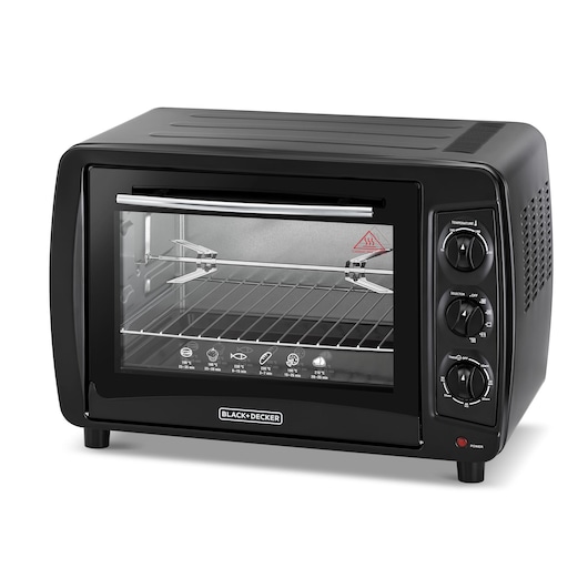 A BLACK+DECKER countertop electric oven with a glass door, three control knobs on the right side, and an interior rack. The oven is black with cooking instructions printed or illustrated on the lower part of the glass door.