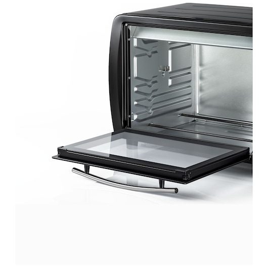 Close-up view of a black and silver toaster oven with the door open, showing the interior and handle.