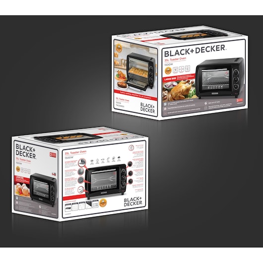 Two boxes of BLACK+DECKER 35L Toaster Oven, model TRO35RDG with 1500W power, are displayed. The packaging shows images of the toaster oven with food, product features, and specifications on a dark background.