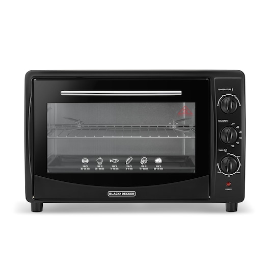 A BLACK+DECKER countertop oven with a black exterior, transparent front door, and three control knobs for temperature, function selector, and timer on the right side. The oven has a wire rack inside and cooking icons with suggested times printed on the glass.