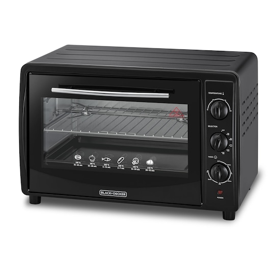 BLACK+DECKER countertop electric oven with a black exterior, transparent front door with handle, three control knobs on the side for temperature, selector, and timer settings, and interior rack visible through the glass.