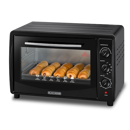 A BLACK+DECKER countertop oven with a glass door, showing several pastries baking inside. The oven has three control knobs for temperature, selector, and timer on the right side. The BLACK+DECKER logo appears at the bottom front.